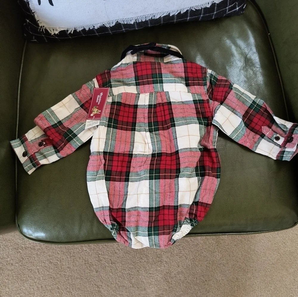 Red white green black plaid dressy collared long sleeve Christmas baby onesie